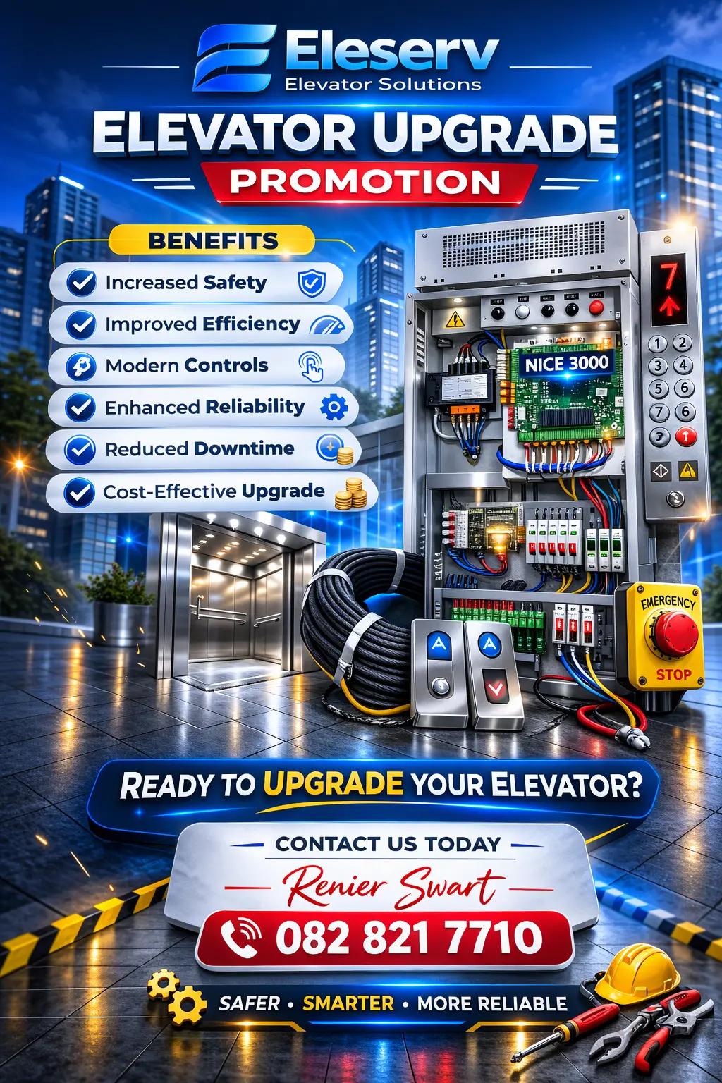 Eleserv elevator upgrade promotion showing NICE 3000 control system and landing buttons
